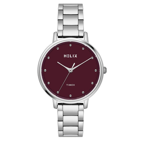Helix by Timex Analog Watch for Women with Burgundy Round Dial & Silver Stainless Steel Bracelet Band Water Resistant Women's Wrist Watches - TW056HL04