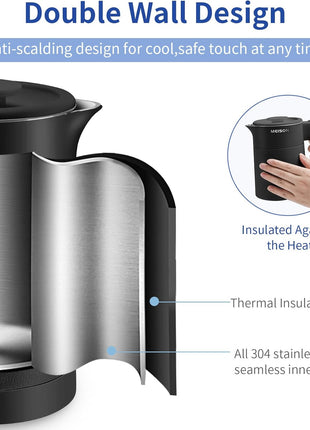 0.6L Small Electric Kettles Stainless Steel, Travel Mini Hot Water Boiler Heater, Double Wall Cool Touch Portable Teapot, Auto Shut-Off & Boil-Dry Protection, 120V/800W, 2 Year Warranty (Black)