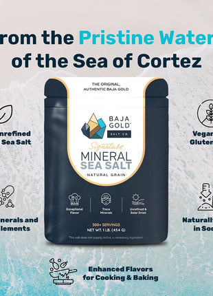 Baja Gold Signature Mineral Sea Salt - Recommended by Gary Brecka - Organic Natural Grain Salt for Cooking & Baking | Authentic Baja Salt | Ideal for All Culinary Creations | 1 lb. Resealable Bag, 300+ Servings
