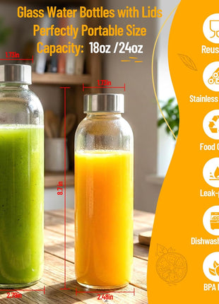 Luxfuel Clear Glass Bottles with Lids 18 oz, Reusable Glass Water Bottles with Stainless Steel Cap for Refrigerator, Juicing, 100% Leak Proof, BPA Free, Juice Bottle Drinking Jar Containers Set of 6