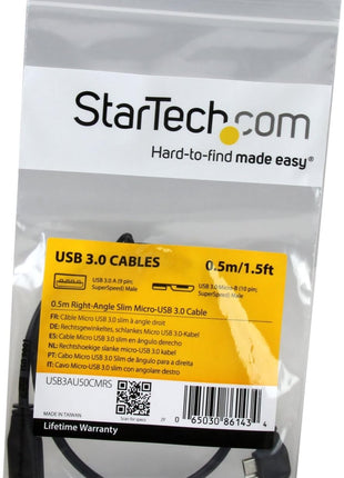 StarTech.com 0.5m 20in Slim Micro USB 3.0 Cable M/M - Right-Angle Micro-USB - USB 3.0 A to Micro B - Angled Micro USB 3.1 Gen 1 5Gbps (USB3AU50CMRS) , Black