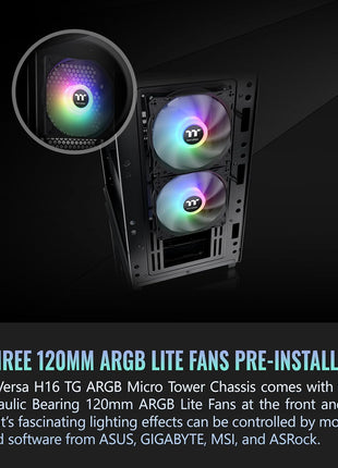 Thermaltake Versa H16 TG ARGB Black Micro ATX Tower Case; Tempered Glass Side Panel; 3 Pre-Installed ARGB Fans; CA-1Y8-00S1WN-02; 3 Year Warranty