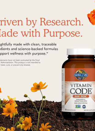 Garden of Life Vitamin Code Raw Iron Supplement - 30 Vegan Capsules, 22mg Once Daily Iron, Vitamins C, B12, Folate, Fruit, Veggies & Probiotics, Iron Supplements for Women, Energy & Anemia Support