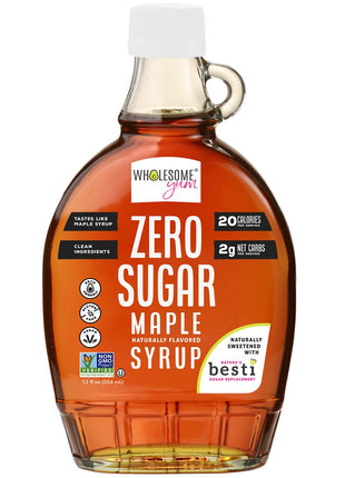 Wholesome Yum Zero Sugar Maple Syrup (Keto Maple Syrup) With Monk Fruit & Allulose - Natural Sugar Free Pancake Syrup - Non GMO, Low Carb, Gluten Free, Vegan, No Aftertaste (12 fl oz)