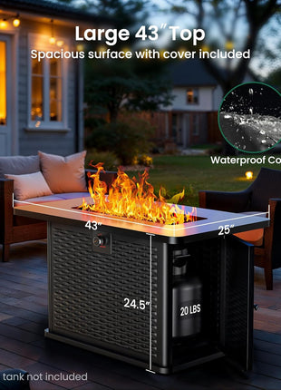 Ciays 43-Inch Rectangular Propane Fire Pit with 60,000 BTU Output, Fire Pit Table Premium Gas for Outside Patio with 304 Stainless Steel H-Burner, Glass Stones, and Wind Guard,Black