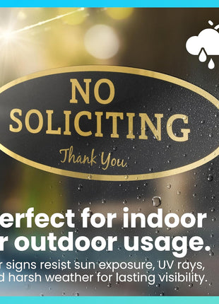 ExcelMark No Soliciting Sign for House or Business – Durable Indoor/Outdoor Sign – Easily Attach to Front Door - UV and Weather Resistant (Small - 2"x 5", Black with Gold Letters)