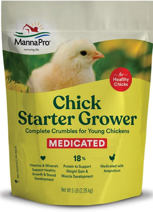 Manna Pro Medicated Chick Starter Grower Feed, Dried High Protein Chicken Food Crumbles with Amprolium for Coccidiosis Prevention, Complete Chicken Feed for Baby Chicks, 5 lb Bag