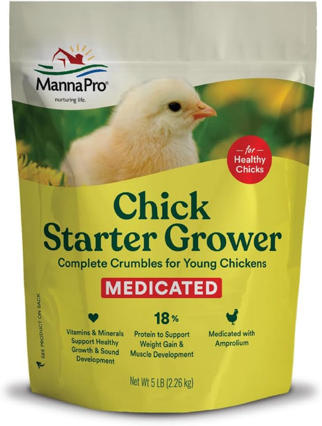Manna Pro Medicated Chick Starter Grower Feed, Dried High Protein Chicken Food Crumbles with Amprolium for Coccidiosis Prevention, Complete Chicken Feed for Baby Chicks, 5 lb Bag
