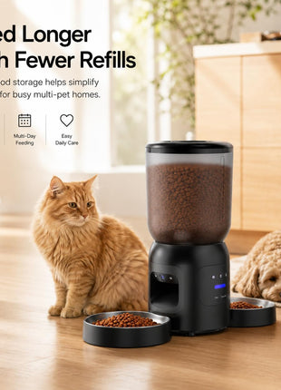 Smart Pet Feeder with Dual 2K Camera & AI Recognition, Dual Bowl Automatic Cat Feeder for Two Cats & Dogs, 6L WiFi Pet Feeder with App Control, 2-Way Audio, Motion Tracking, Anti-Clog Design