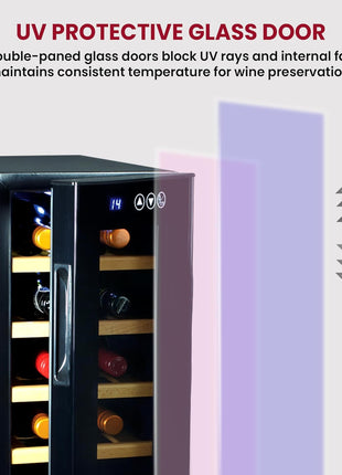 Koolatron Deluxe 12 Bottle Wine Cooler with Beech Wood Racks, Black, Thermoelectric Wine Fridge, 1 cu. ft. Freestanding Wine Refrigerator, Red, White and Sparkling Wine Storage for Kitchen or Home Bar