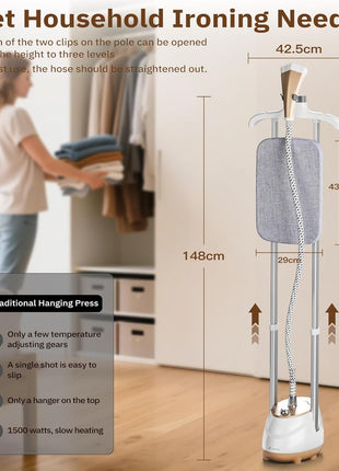 HAPAIS Steamer for Clothes,1800W Standing Garment Steamer 30s Heat-up with Adjustable Stable Double Rod,2-in-1 Flat & Hanging Ironing,Clothes Steamer with 10 Fabric Steam Modes