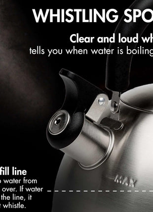 Primula Stewart Whistling Tea Kettle for Stovetop, Stainless Steel Stove Top Kettle with Fast Boil Whistling Spout and Cool Touch Folding Handle, 1.5-Quart, Brushed Silver with Black Handle