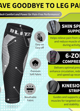 BLITZU Calf Compression Sleeves for Men and Women. Footless Compression Socks Support for Varicose Vein, Nursing, Running. Leg Sleeve Brace for Shin Splints, Pain Relief & Reduces Swelling Black L xL
