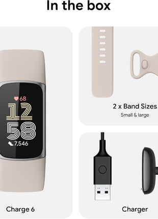 Fitbit Charge 6 Fitness Tracker with Google Apps - Heart Rate on Exercise Equipment - 3-Month Google Health Premium Membership Included - Health Tools - Porcelain/Silver - Small&Large Bands Included
