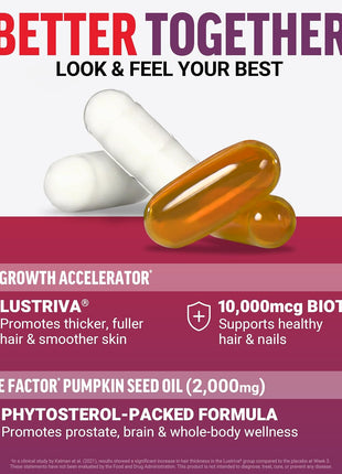 Force Factor Hair Growth Accelerator Multivitamin for Women & Men, with Lustriva, Biotin, Horsetail & Vitamins A, B12, C, D & E for Thicker Hair, Healthier Skin & Nails + Pumpkin Seed Oil Softgels