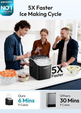 EUHOMY Countertop Ice Maker Machine with Handle, 26lbs in 24Hrs, 9 Ice Cubes Ready in 6 Mins, Auto-Cleaning Portable Ice Maker with Basket and Scoop, for Home/Kitchen/Camping/RV. (Black)