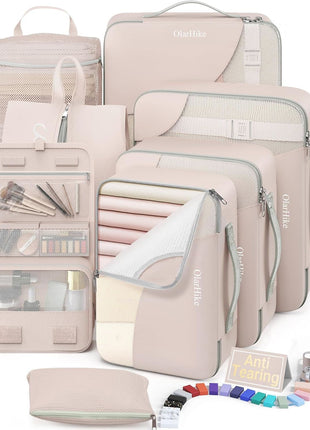 10 Set/8 Set Packing Cubes for Travel, Gifts for Women Mom,Anti-Tearing Suitcase Organizer for Luggage with Shoe & Hanging Toiletry Bag,OlarHike Vacation Essentials & Accessories for Cruise Ship,Cream