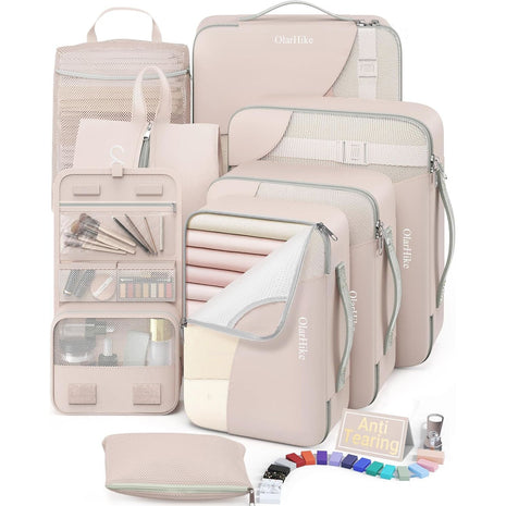 10 Set/8 Set Packing Cubes for Travel, Gifts for Women Mom,Anti-Tearing Suitcase Organizer for Luggage with Shoe & Hanging Toiletry Bag,OlarHike Vacation Essentials & Accessories for Cruise Ship,Cream