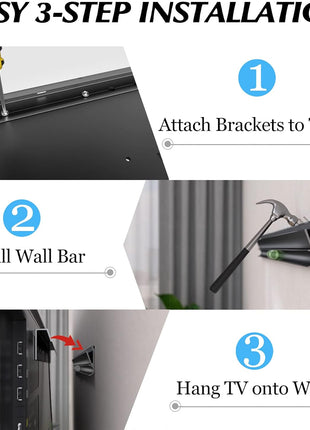 No Stud TV Wall Mount, Drywall Studless TV Hanger No Damage, No Drill, Non Screws, Dry Wall Flat Screen TVs Easy Install Bar Bracket fits VESA 12-55 inch TVs up to 99 lbs, Include Hardware Levels