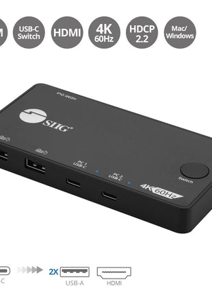 SIIG 2 Port USB-C KVM Switch - 2 Computers to 1 Monitor - 2X USB-A + 2X USB-C - Single 4K 60Hz HDMI, USB-C Bus Powered, Button Control, Thunderbolt 3 Compatible (CE-KV0B11-S1)