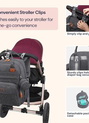 BabbleRoo Diaper Bag Backpack - Baby Essentials Travel Tote - Multi Function Water Resistant Diaper Bag, Travel Essentials Baby Bag with Changing Pad, Stroller Straps & Pacifier Case - Dark Gray