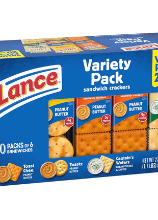 Lance Sandwich Crackers, Variety Pack, 3 Flavors, 20 Individually Wrapped Packs, 6 Sandwiches Each