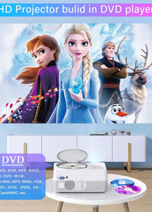 Full HD WiFi Bluetooth Projector Built in DVD Player, 12000LM 1080P Supported, Portable Mini DVD Projector for Outdoor Movies, 250" Home Theater, Compatible with iOS/Android/TV Stick/PS4/HDMI/USB/TF