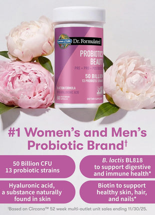 Garden of Life Dr. Formulated Beauty Probiotics with Biotin, 50B CFU, 60ct | Hyaluronic Acid and Pre, Pro & Postbiotics - Skin Health, Hair & Nails, Non-GMO, Gluten-Free, Vegetarian