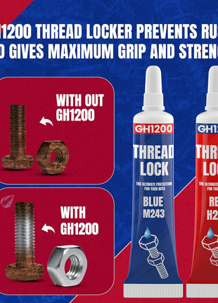 GH1200-6gx2 Pack Thread Lock Medium and Strong Strength for Nuts, Bolts, and Metals, Threadlocker Lock Tight & Seal Fasteners with Stable and Consistent Performance