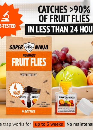 Super Ninja Fruit Fly Traps for Indoors - 4 Pack, Highly Effective Fruit Fly Catcher for Indoor Use for Home & Kitchen, Up to 3 Weeks of Performance per Bottle, Kid & Pet Friendly