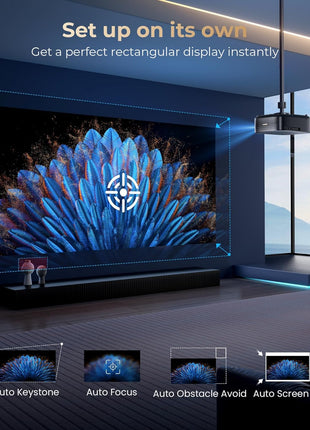 [2500 ANS & 50W] Alvar Outdoor Projector 4K Support with WiFi 6 and Bluetooth, dbx-tv Sound, Built in NetfIix App & DoIby Audio Proyector, Auto Focus & Keystone Smart for Soccer Match