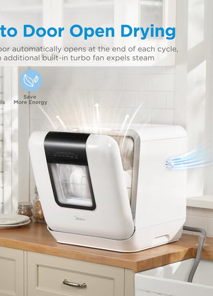 Midea Countertop Dishwasher with 1.59Gal Built-in Water Tank, 5+2 Programs | Portable Dishwasher, Auto-Open Door & Dual Drying, Energy-Saving and Odor Removal, Perfect for Apartments, Dorms& RVs, White
