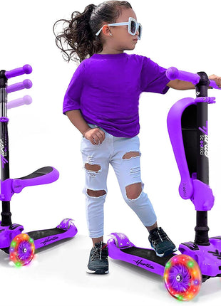 Hurtle 3-Wheeled Scooter for Kids - Wheel LED Lights, Adjustable Lean-to-Steer Handlebar, and Foldable Seat - Sit or Stand Ride with Brake for Boys and Girls Ages 1-14 Years Old