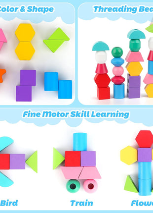 Montessori Wooden Beads Sequencing Toy Set, Stacking Blocks & Lacing Beads & Matching Shape Stacker, Montessori Toys for 3 4 5 Year Old STEM Preschool Learning Toys Gifts for Kids Boy Girl Toddler