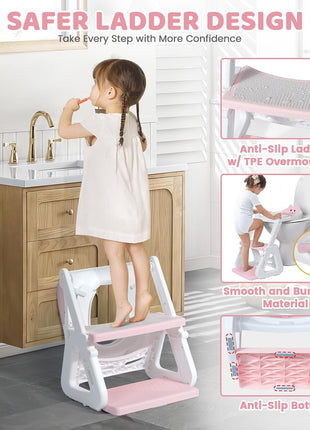 Orzbow Potty Training Seat with Step Stool, Toddler Toilet Seat with Ladder | 7 Height Adjustable, Splash Guard, Non-Slip Base, Handles, Stable Triangular Fits Most Toilets, For Kids Boys Girls, Pink
