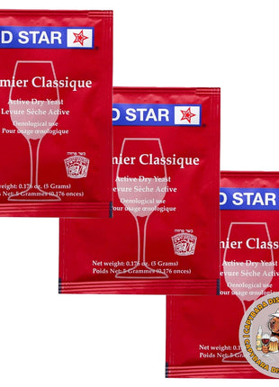 Red Star Premier Classique Wine Yeast (3 Pack) - Great for Making Wine Cider Mead Kombucha at Home - 5 g Sachets - Saccharomyces cerevisiae - Sold by CAPYBARA Distributors Inc.