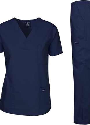 Dagacci Medical Uniform Womens and Mens Scrub Set Unisex Medical Scrub Shirt Top and Pant, Navy, Medium