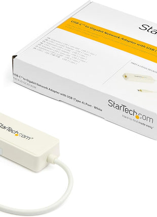 StarTech.com USB C to Gigabit Ethernet Adapter w/USB A Port - White 1Gbps NIC USB 3.0/USB 3.1 Type C Network Adapter - 1GbE USB-C RJ45/LAN TB3 Compatible Windows MacBook Pro Chromebook (US1GC301AUW)