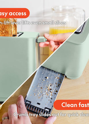BELLA 2 Slice Toaster with Auto Shut Off   Extra Wide Slots & Removable Crumb Tray and Cancel, Defrost & Reheat Function   Toast Bread, Bagel & Waffle, Sage