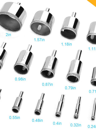 15 Pcs Diamond Drill Bits for Ceramic, Diamond Hole Saw Drill Bit Set Kit, Premium Glass Drill Bit for Bottles,Pots, Marble, Granite Stone, Tile Cutting 0.23 Inch - 2 Inch(6mm - 50mm) YLYL