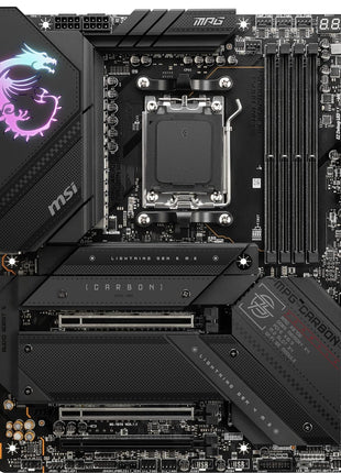 MSI MPG X670E Carbon WiFi Gaming Motherboard (AMD Ryzen 9000/8000/7000 Series Processors, AM5, DDR5, PCIe 5.0, SATA 6Gb/s, M.2, USB 3.2 Gen 2, Wi-Fi 6E, Bluetooth 5.3, LAN 2.5Gbps, HDMI/DP, ATX)