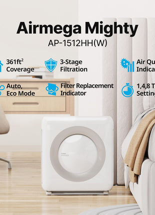 Coway Airmega AP 1512HH(W) True HEPA Purifier with Air Quality Monitoring, Auto, Timer, Filter Indicator, and Eco Mode, 16.8 x 18.3 x 9.7, White