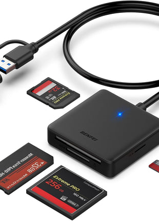 Memory Card Reader, BENFEI 4in1 USB 3.0 and USB-C to SD Micro SD MS CF Card Reader Adapter, 4 Cards Simultaneously Read and Write, Compatible with iPhone 15 Series, MacBook Pro/Air 2023, and More