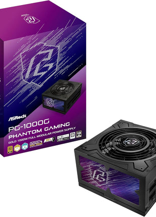 ASRock Phantom Gaming PG-1000G 1000W Power Supply Individual Braided Pattern 10 Years Warranty Enthusiast Gamers Fully Modular Japanese Capacitor 80 Plus Gold Cybenetics ATX3.1 PCIe5.1 12V-2x6 Cable