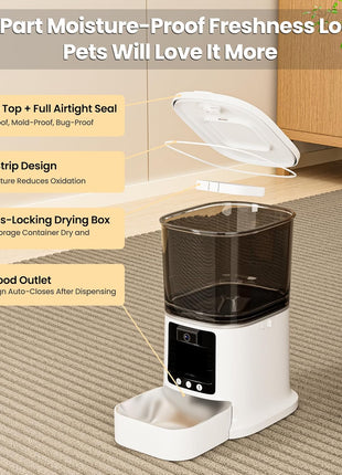 Automatic Cat Feeder with Camera, 2-Way Video& Audio, HD Video with Night Vision, 5G WiFi Pet Feeder, 5L Large Food Storage Container for Multiple Pet, Detachable for Easy Clean (White)