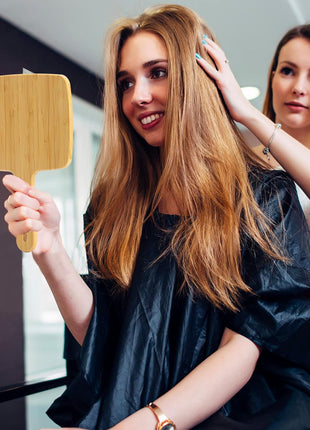 YEAKE Hand Mirror,Natural Bamboo Handheld Mirror with Handle, Single-Sided Portable Travel Vanity Mirror for Men & Women,6.9" W x 9.9" L