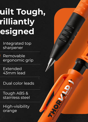 THORVALD New 3-in-1 Carpenter Pencils with Finger Grip for Construction - Incl. 7 Leads + Sharpener - Solid Mechanical Pencils with Fine Point/Best Marking tools Construction/Carpenters/Scriber