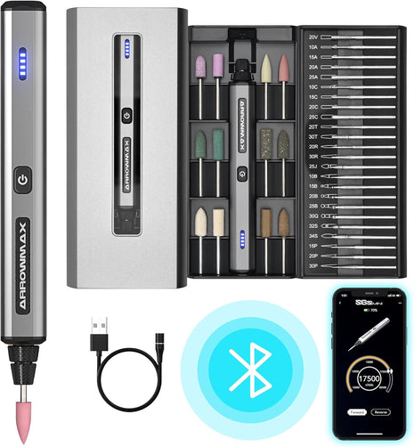 AM ARROWMAX Mini Engraving Pen, Cordless Rotary Tool with 36 Bits, Aluminum Case, Bluetooth, APP, Wireless Magnetic Charge, Engraving Tool for Jewelry, Wood, Glass, Carving (SGS MINI)