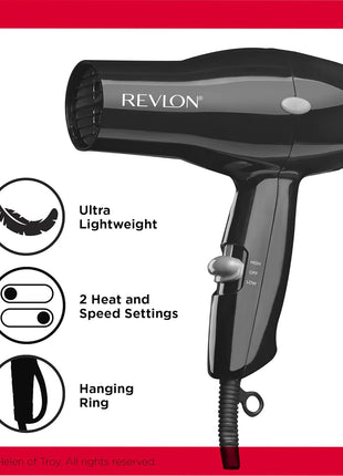 Revlon Compact Hair Dryer | 1875W Lightweight Design, Perfect for Travel, (Black)