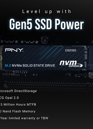 PNY CS2150 1TB Gen5 PCIe NVMe M.2 2280 3D NAND SSD – Up to 10,200/8,300 MBs - PC/Laptop Upgrade, Gaming, Photography, Video Editing, Direct Storage Enabled-Internal Solid-State Drive M280CS2150-1TB-TB